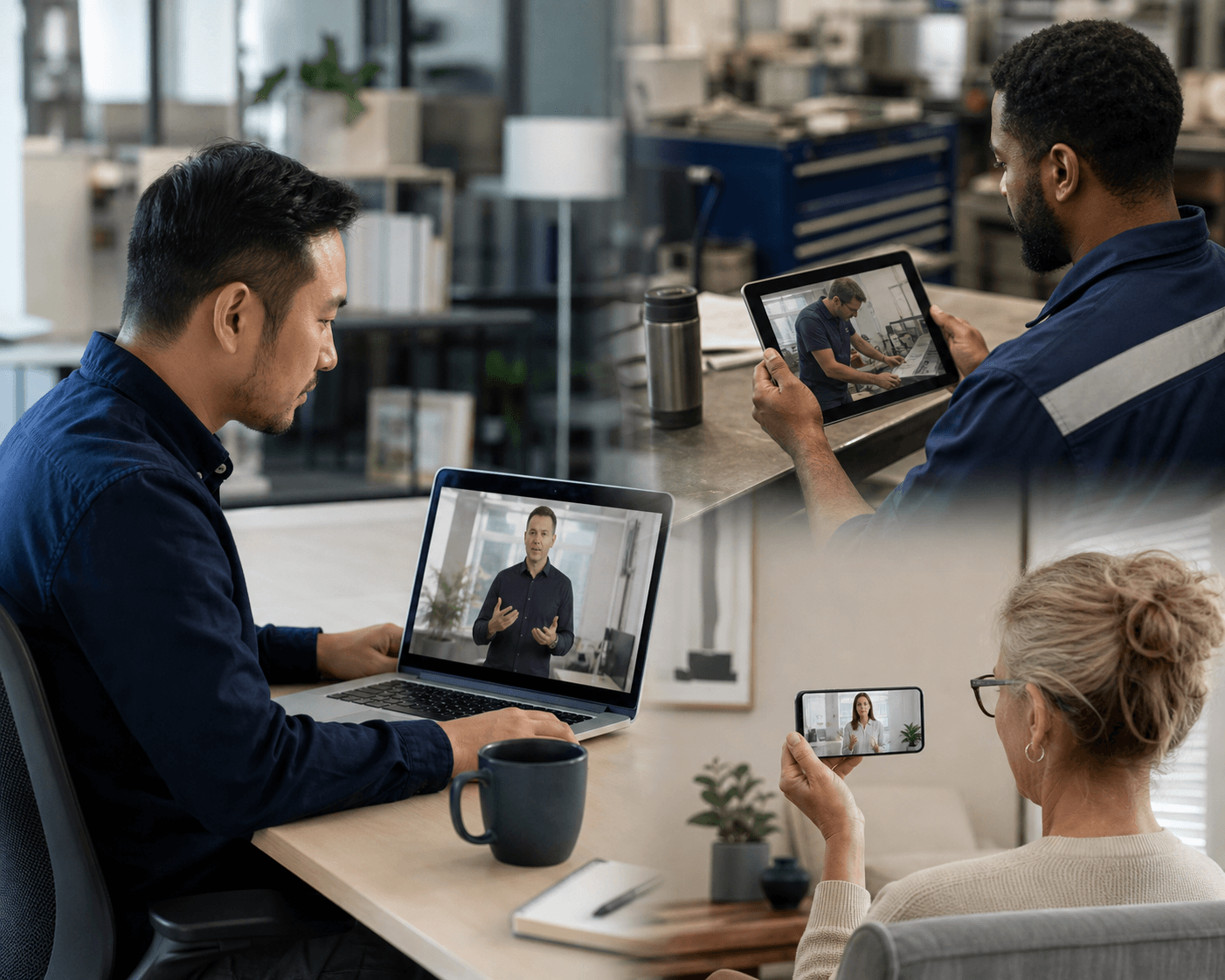 Several adults watching different workplace training videos on a laptop, tablet and phone in varied work and home-office settings